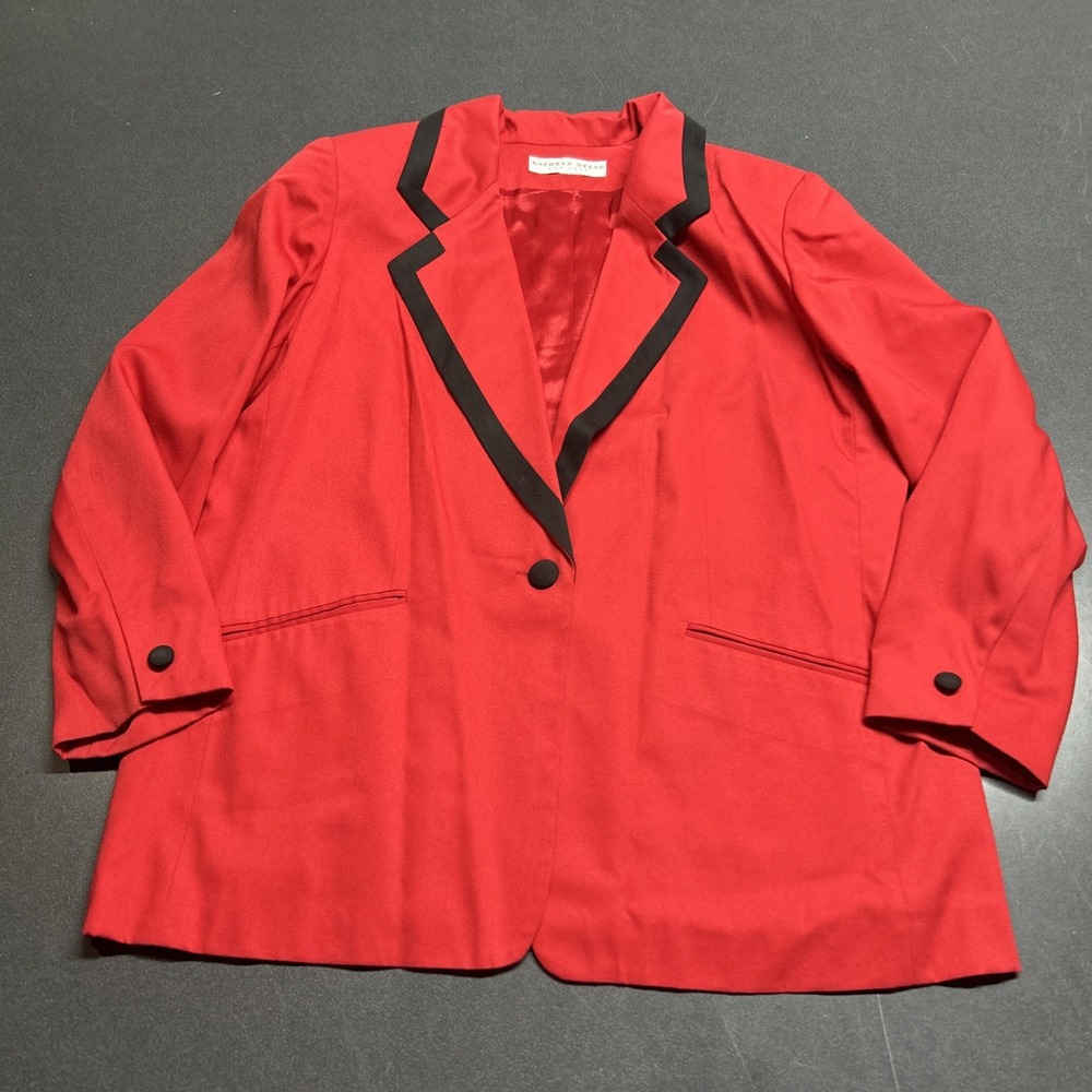 Kathryn Deen Womens Red Blazer Black Collar Size 16 Polyester Button Front 90s